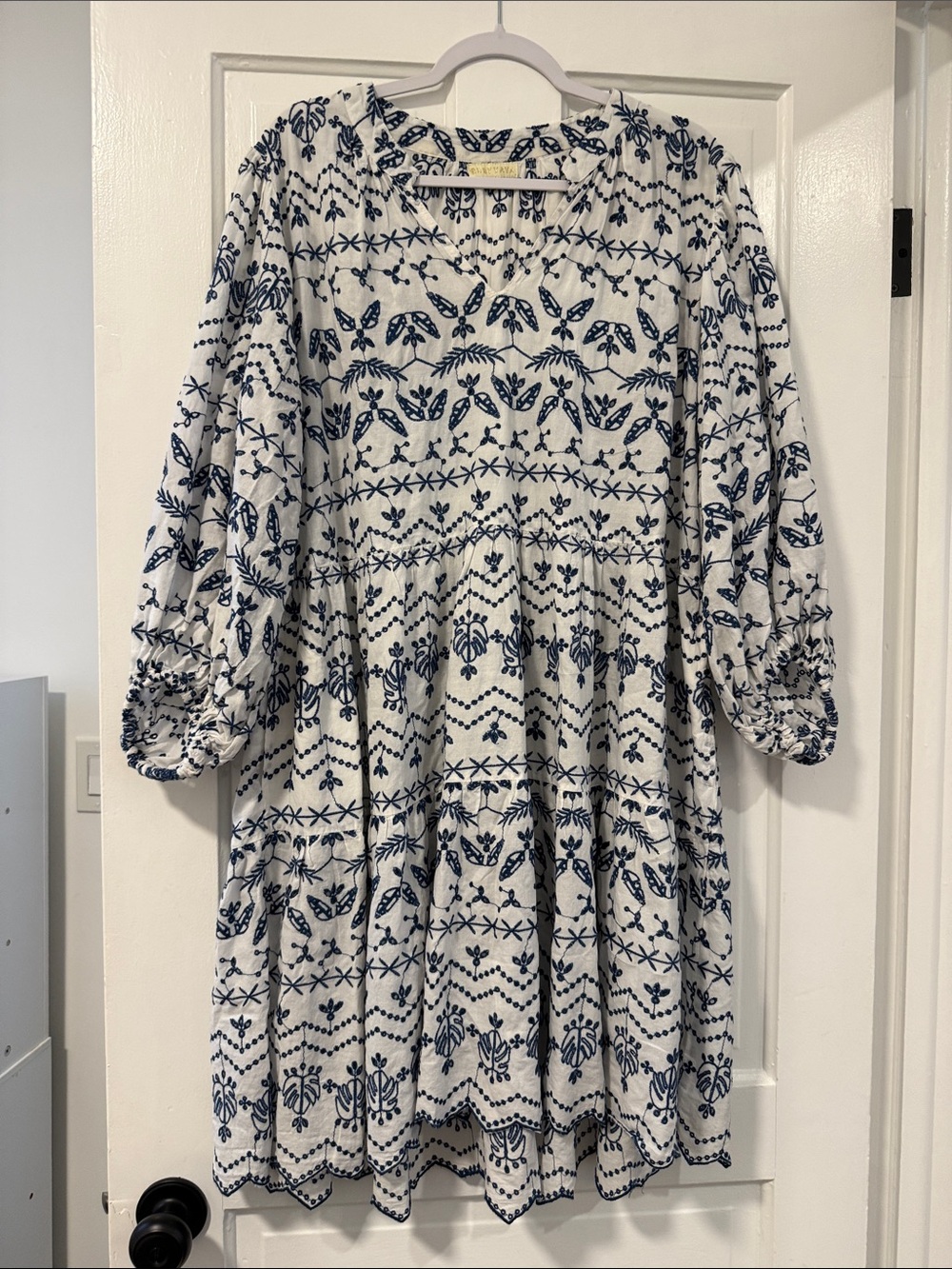 Rubyyaya Embroidered Boho Dress White Blue 2XL